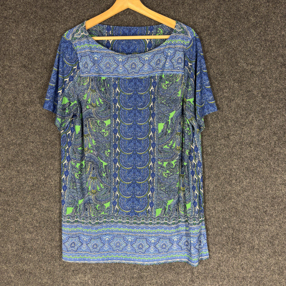 Attitudes Mini Dress Women XL Blue Geometric Short Short Sleeve Round Neck